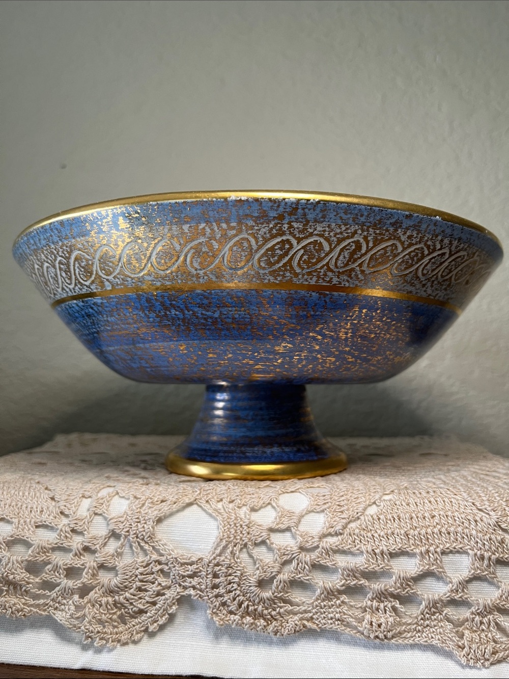Vintage Stangl Pottery 4028 Blue Gold Pedestal Compote Bowl Trenton NJ